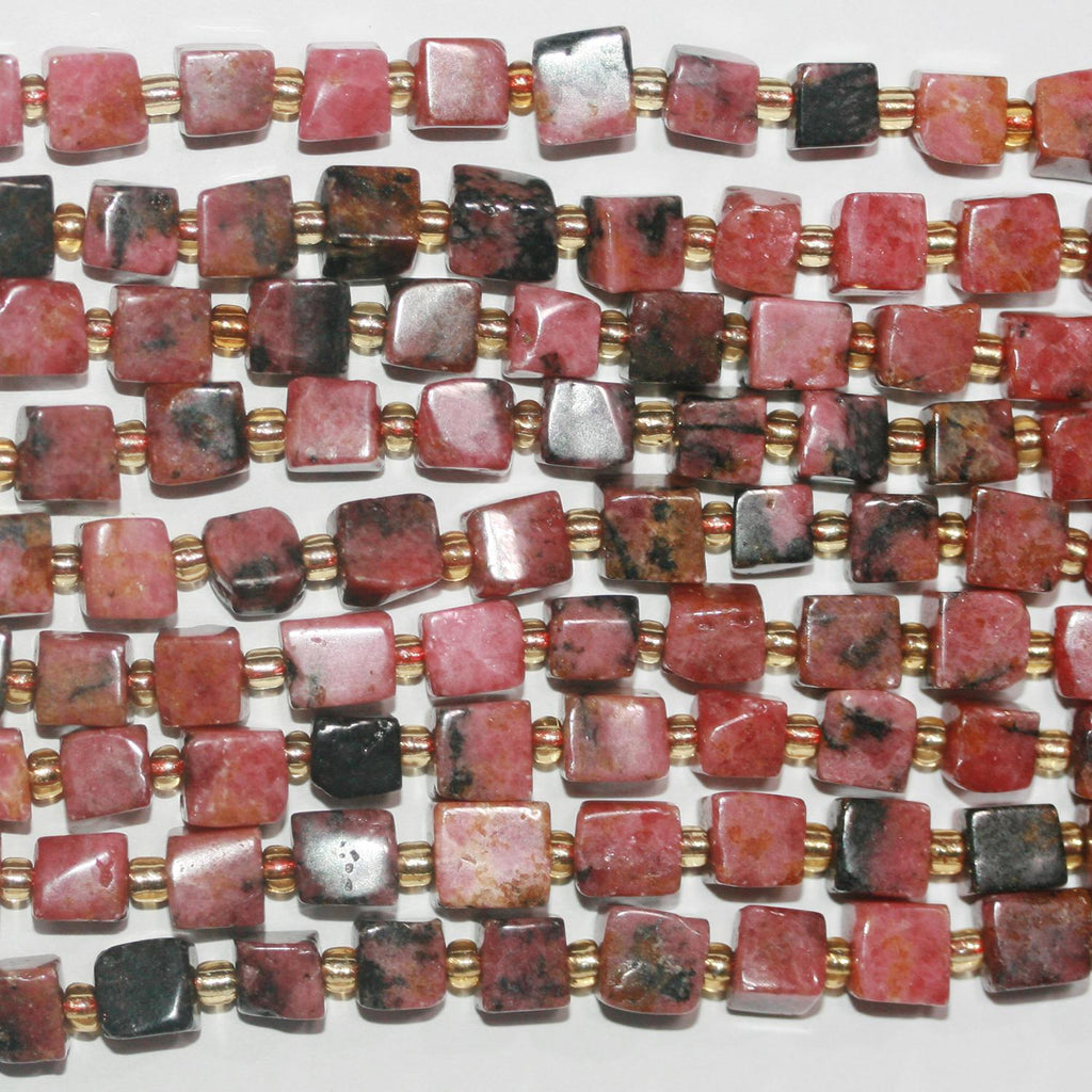 Perles cubiques irrégulières lisses en rhodonite St de 15 pouces, 8 mm environ - Fil de 39 cm.