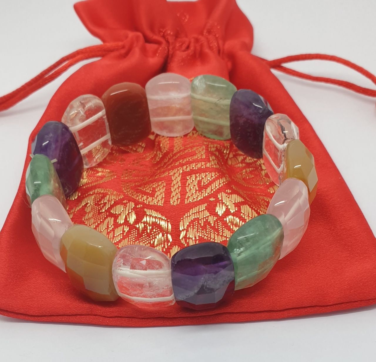 Bracelet extensible multi-chakras, perles à facettes 20 x 14 mm - Perles doublement percées - Fournisseur de bijoux - Pouvoir de guérison - Améthyste rose et cristal de quartz