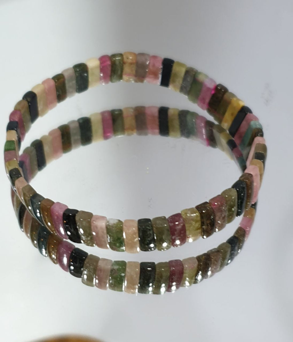 Pulsera elástica de turmalina natural multicolor con cuentas de 8 x 3 mm - Proveedor de joyería con cuentas de doble perforación -