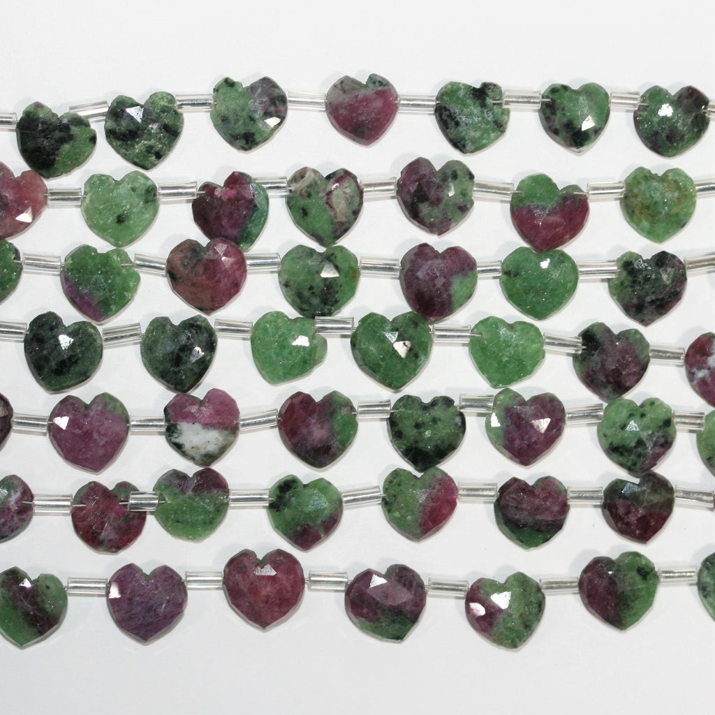 Cuentas de corazón facetadas de zoisita y rubí de 6", 10 mm, hilo de 16 cm.