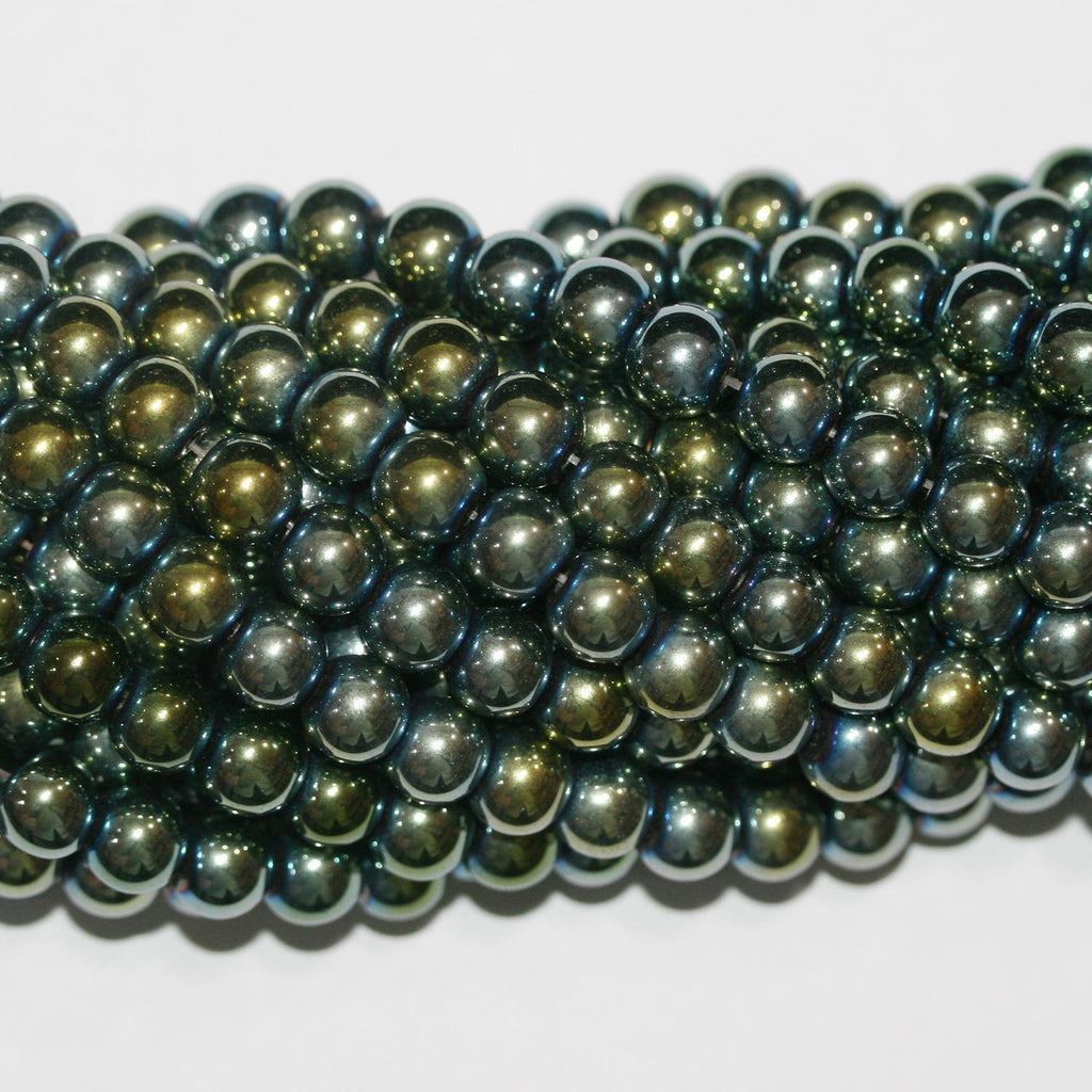 16" Perles rondes en hématite verte St 8 mm.-Rig 40 cm.