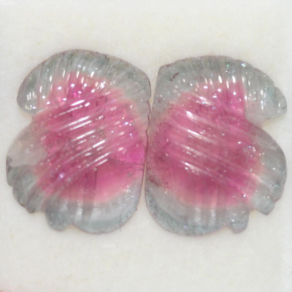 Pair of Carved Bicolor Watermelon Tourmaline Cabochon 6.89ct  13.5x10.5mm - Untreated Gemstone- Natural Gems- Green And Pink Tourmaline