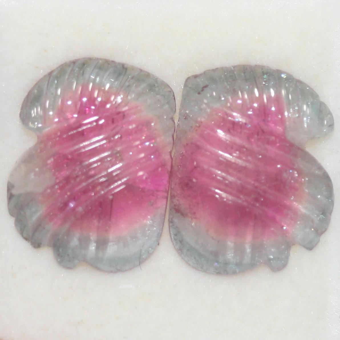 Pair of Carved Bicolor Watermelon Tourmaline Cabochon 6.89ct  13.5x10.5mm - Untreated Gemstone- Natural Gems- Green And Pink Tourmaline