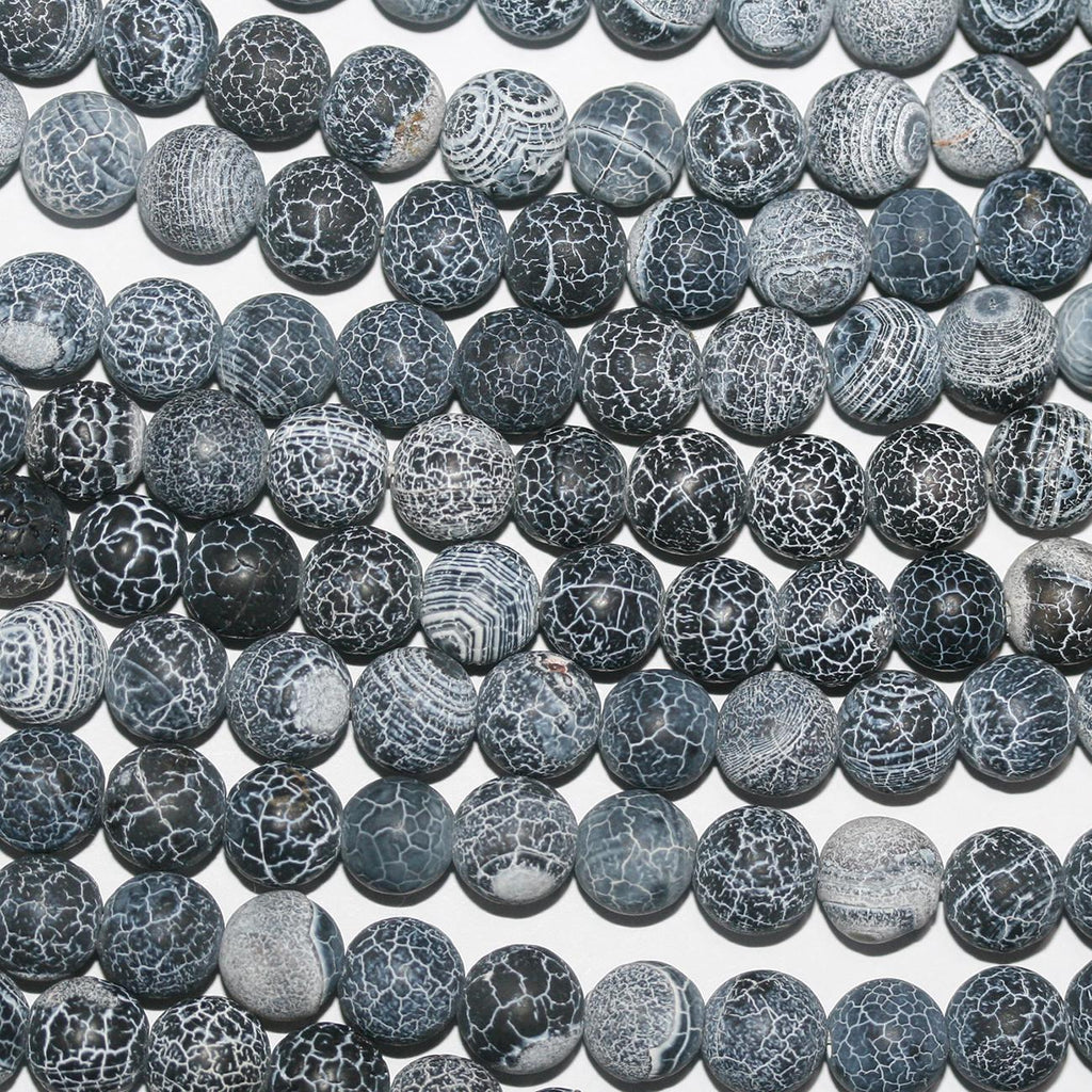 14" St Black Agate Smooth Matte Finish Cracked Round 8mm.-Strand 38cm.