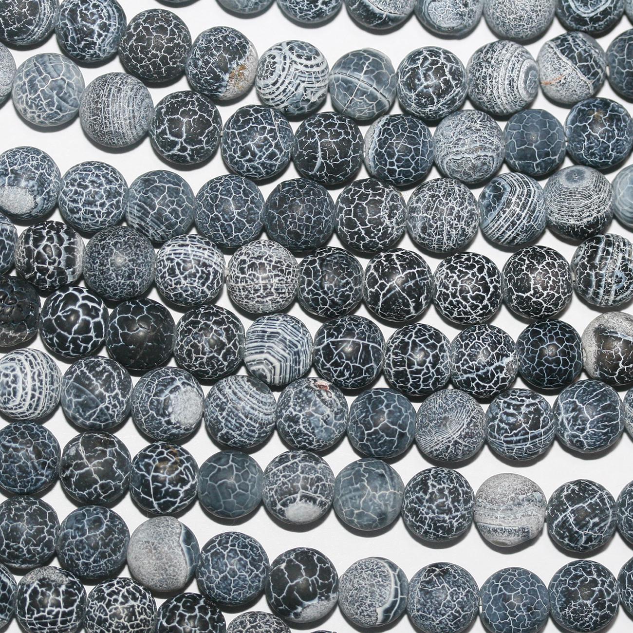 14" St Black Agate Smooth Matte Finish Cracked Round 8mm.-Strand 38cm.