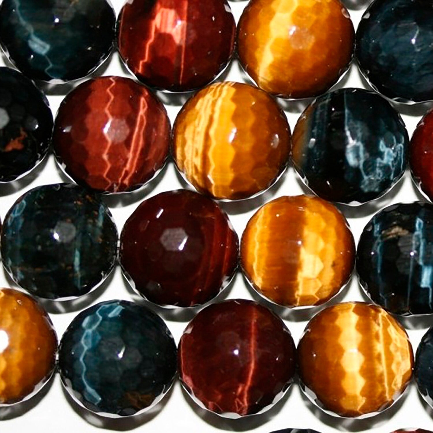 Cuentas redondas facetadas de ojo de tigre, buey y halcón de 16" (14 mm). Tira de 40 cm.