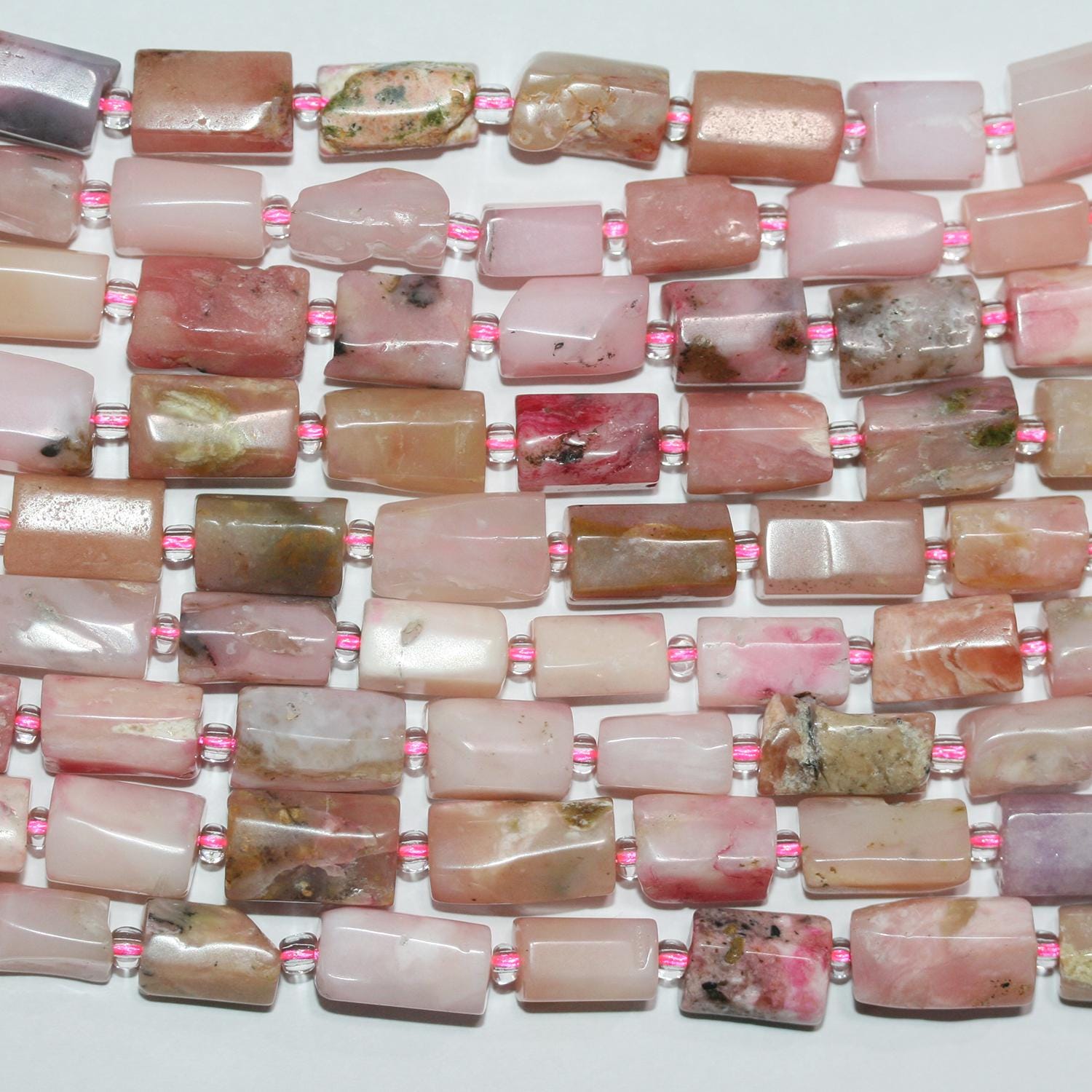 Perles tubulaires à facettes en opale rose St, 12 x 8 mm environ, 39 cm de long.