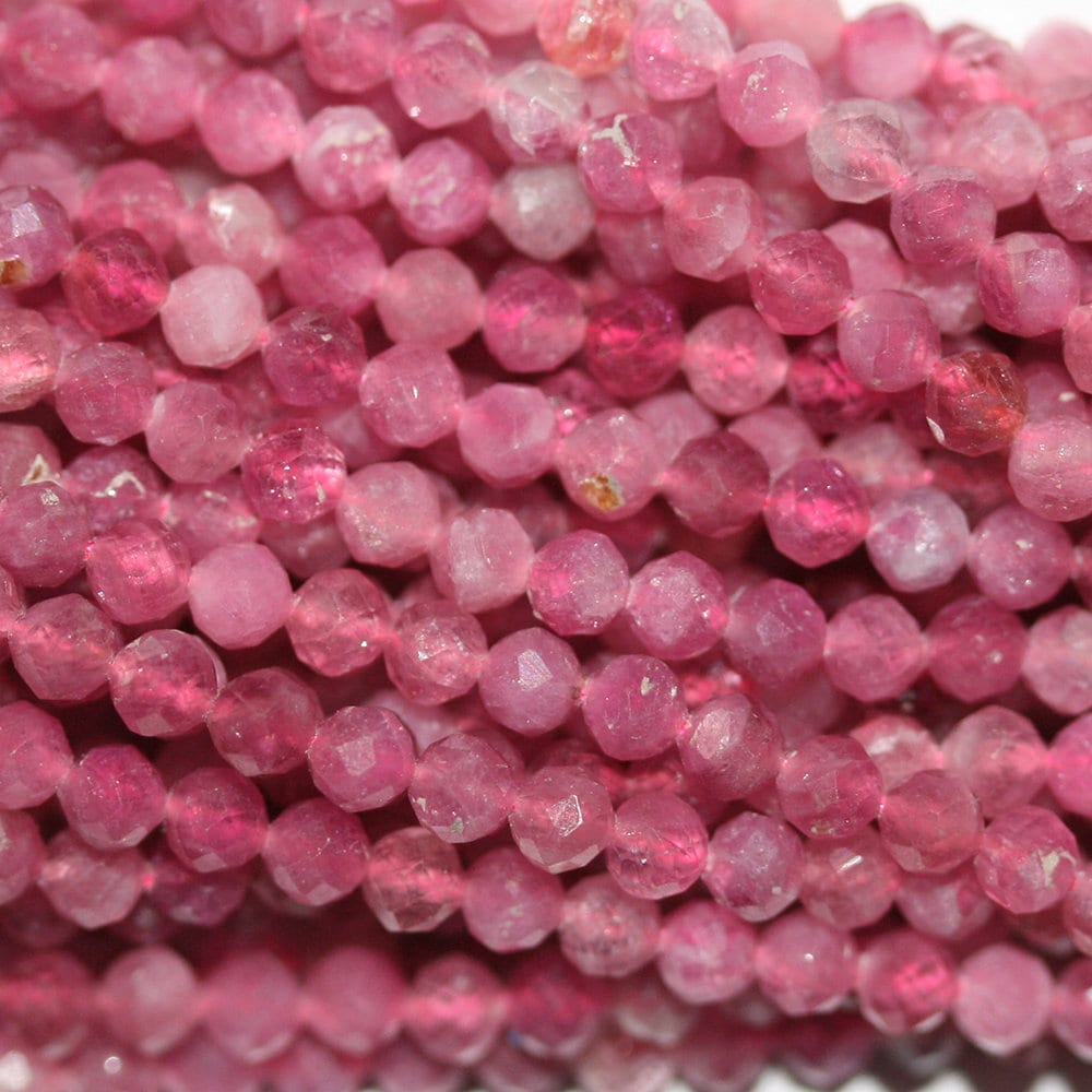 Collier de 15 pouces de perles rondes à facettes en tourmaline rose, 3,5-4 mm