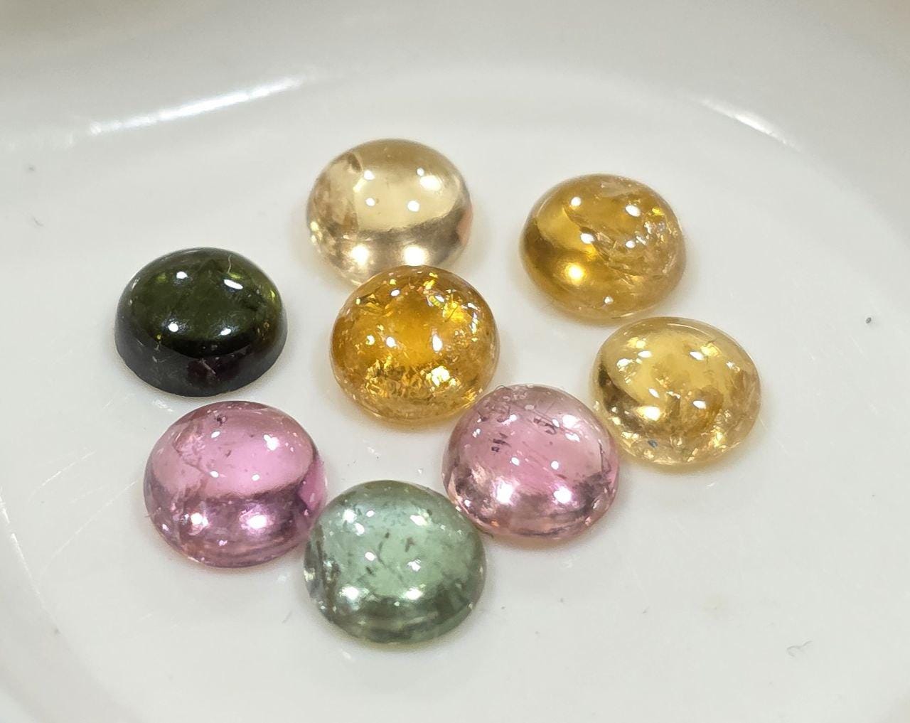 Yellow  Green Pink  Tourmaline Lot Round Cabochons 5mm.-(8pcs)  -Gemstone Parcels-Loose Stones Wholesale Price