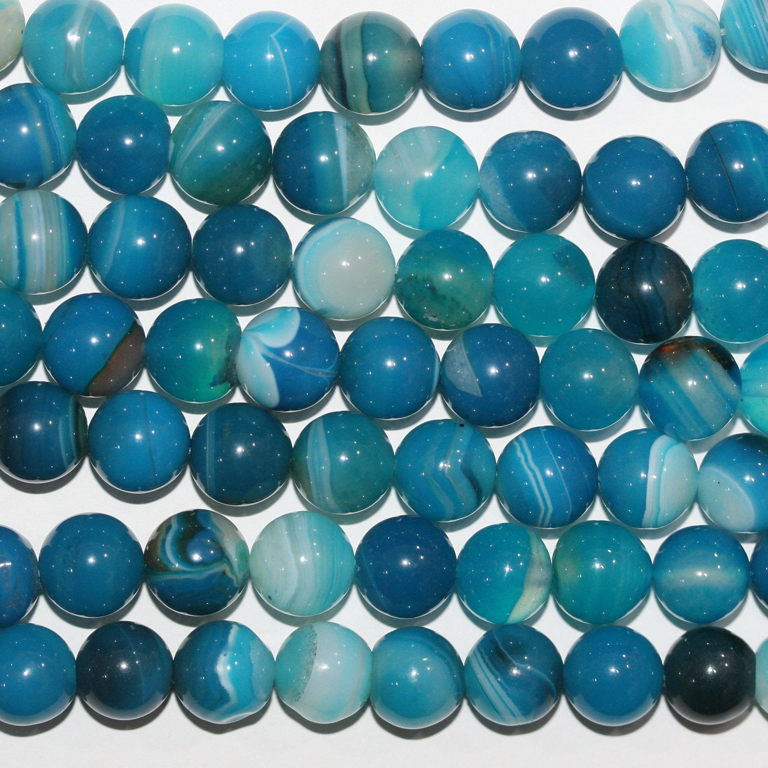 Cuentas redondas lisas de ágata azul rayada de 16" (14 mm) - Hilo de 40 cm