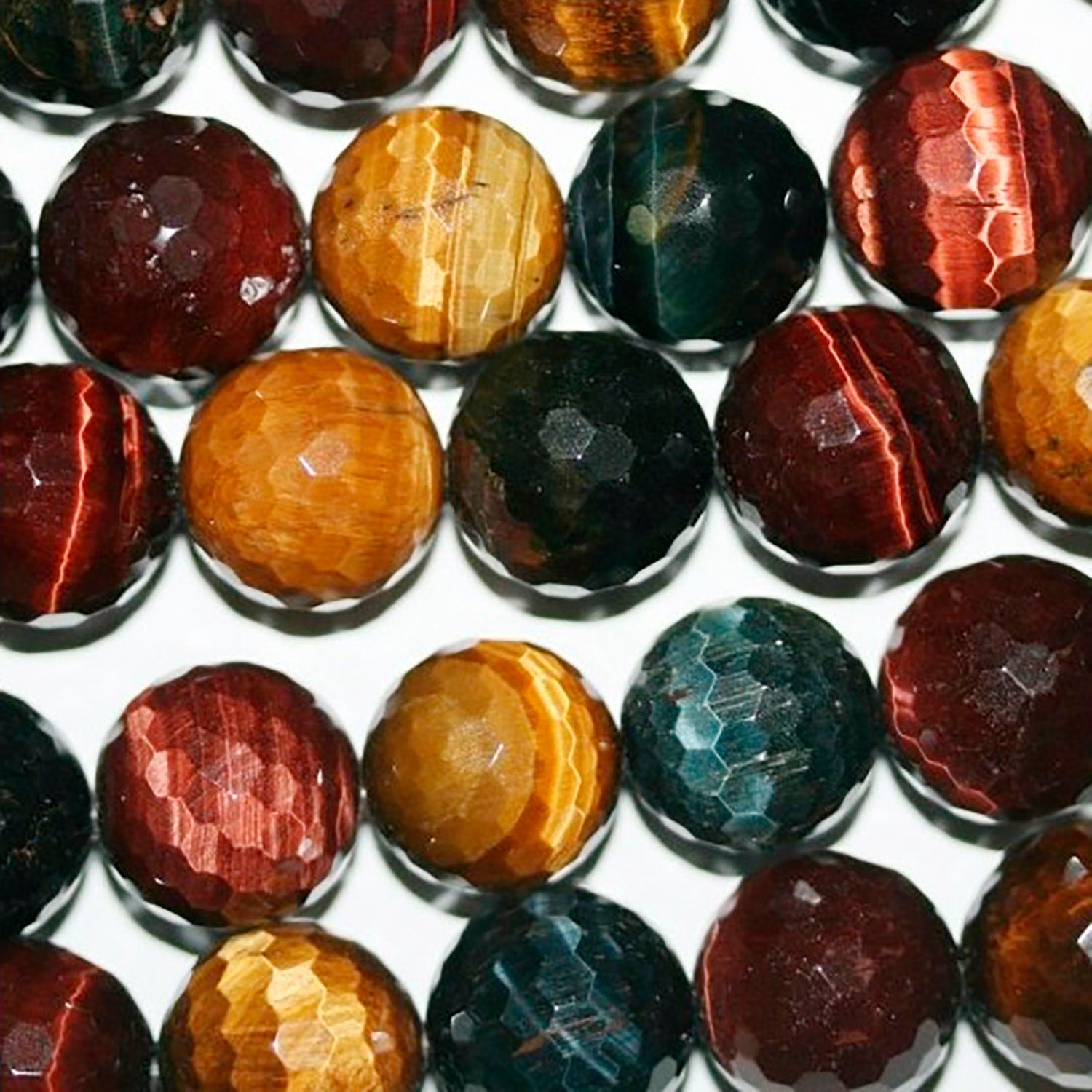 Cuentas redondas facetadas de ojo de tigre, buey y halcón de 16" (16 mm). Tira de 40 cm.