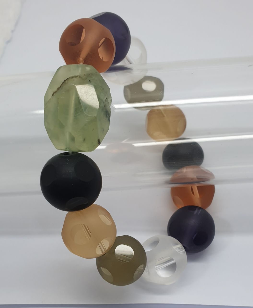 Bracelet extensible en quartz hydrothermal multicolore, perles rondes de 16 mm, perle centrale en préhnite - Fournisseur de bijoux - Pouvoir de guérison