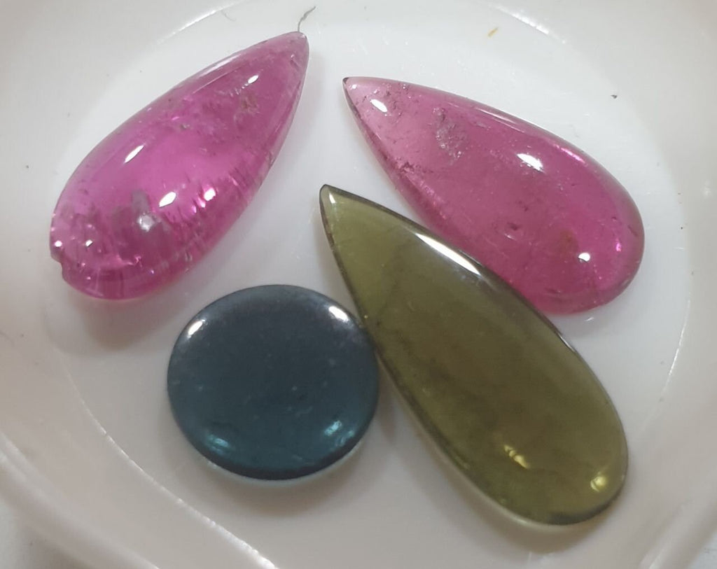 Lot de cabochons en tourmaline bleue, verte et rose (4 pièces) - Pierres précieuses en vrac - Prix de gros - Gemmes naturelles