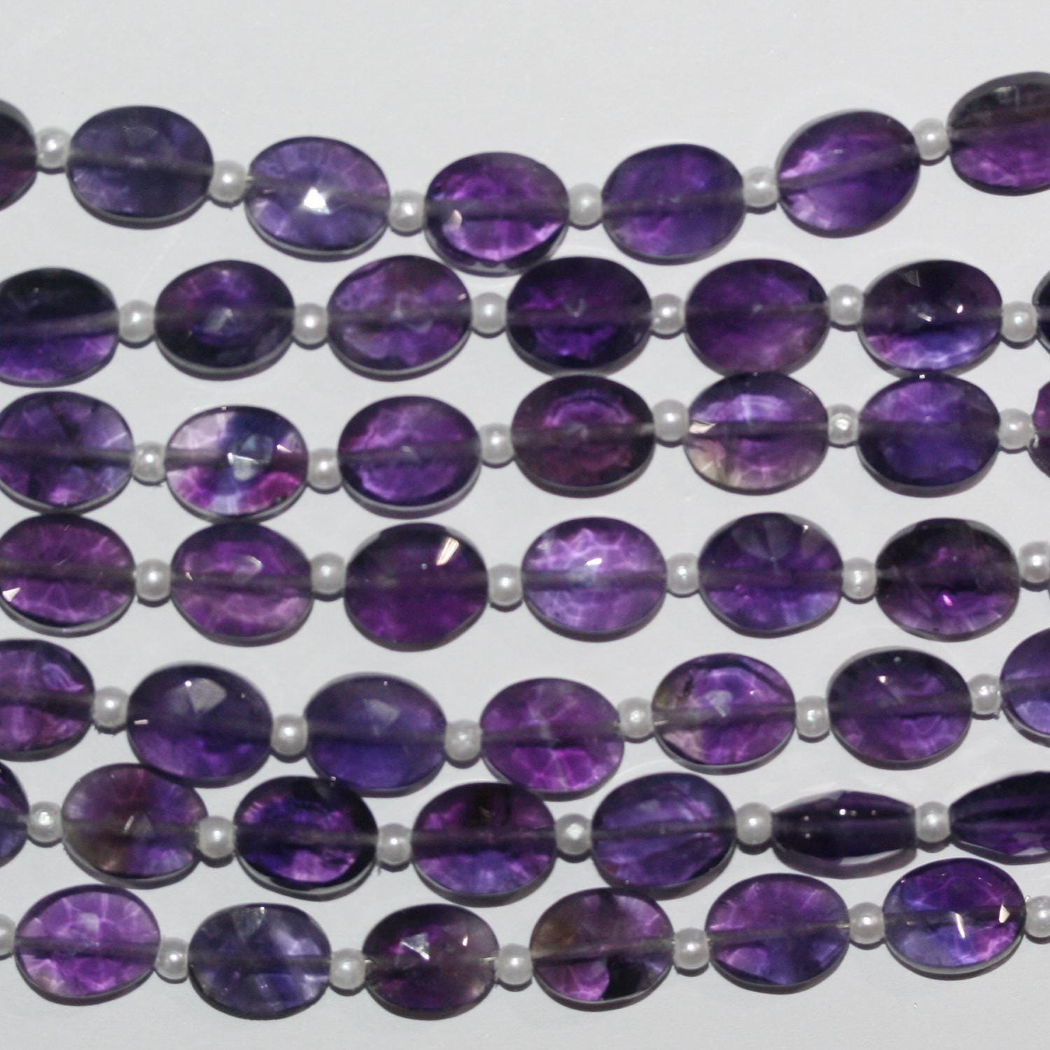 Cuentas ovaladas facetadas de amatista de 8" (9 x 7 mm) - Hilo de 20 cm