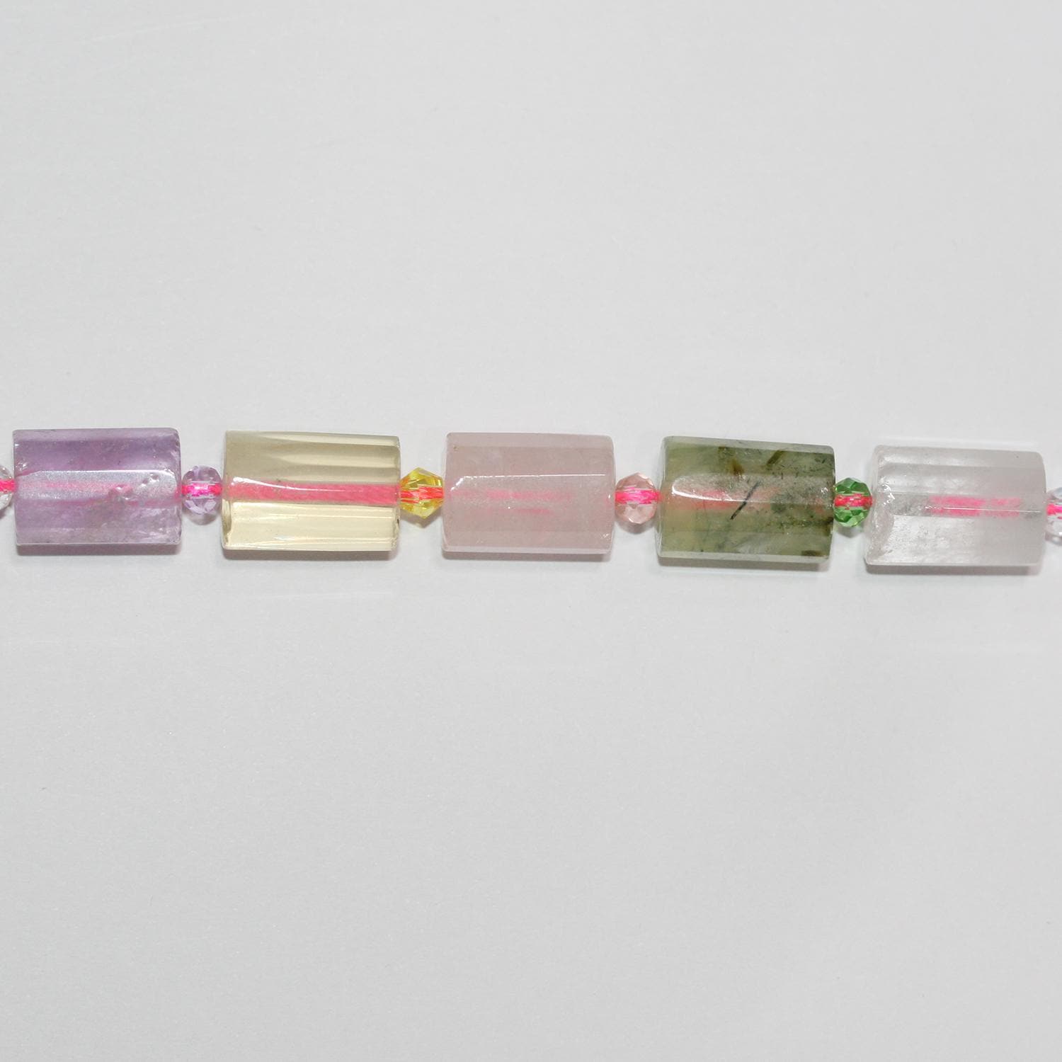 15" St Mix Quartz Facetté Tube Beads 15x10mm.-String 40cm.-Améthyste, Citrine, Quartz Rose, Cristal de Roche et Préhnite.