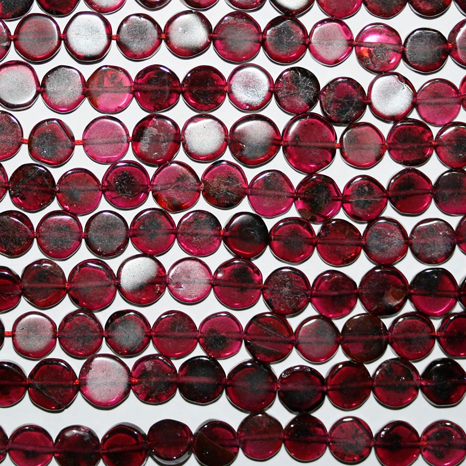 13" St Garnet Smooth Coin Beads 7-8mm.-Strand 35cm