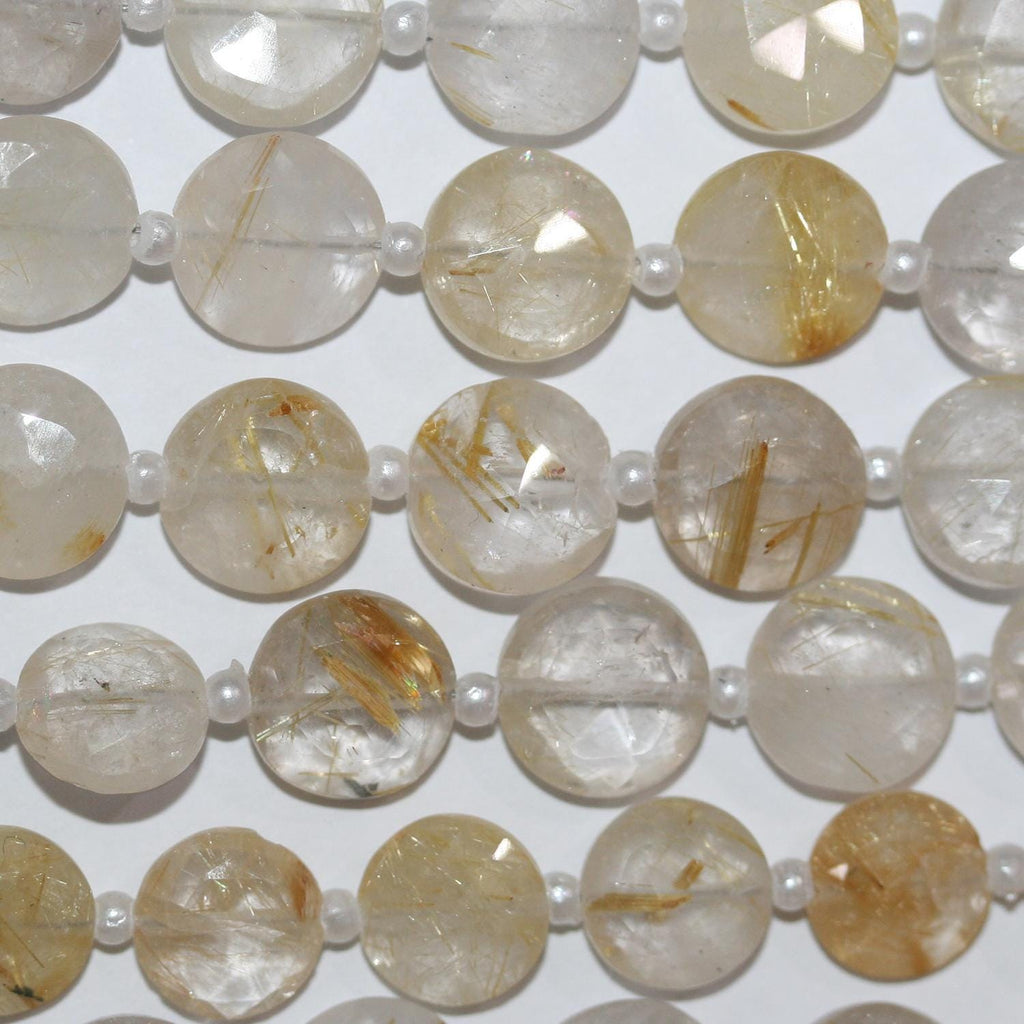 Perles de quartz rutile facettées de 8 pouces, 9-10 mm - Fil de 20 cm.