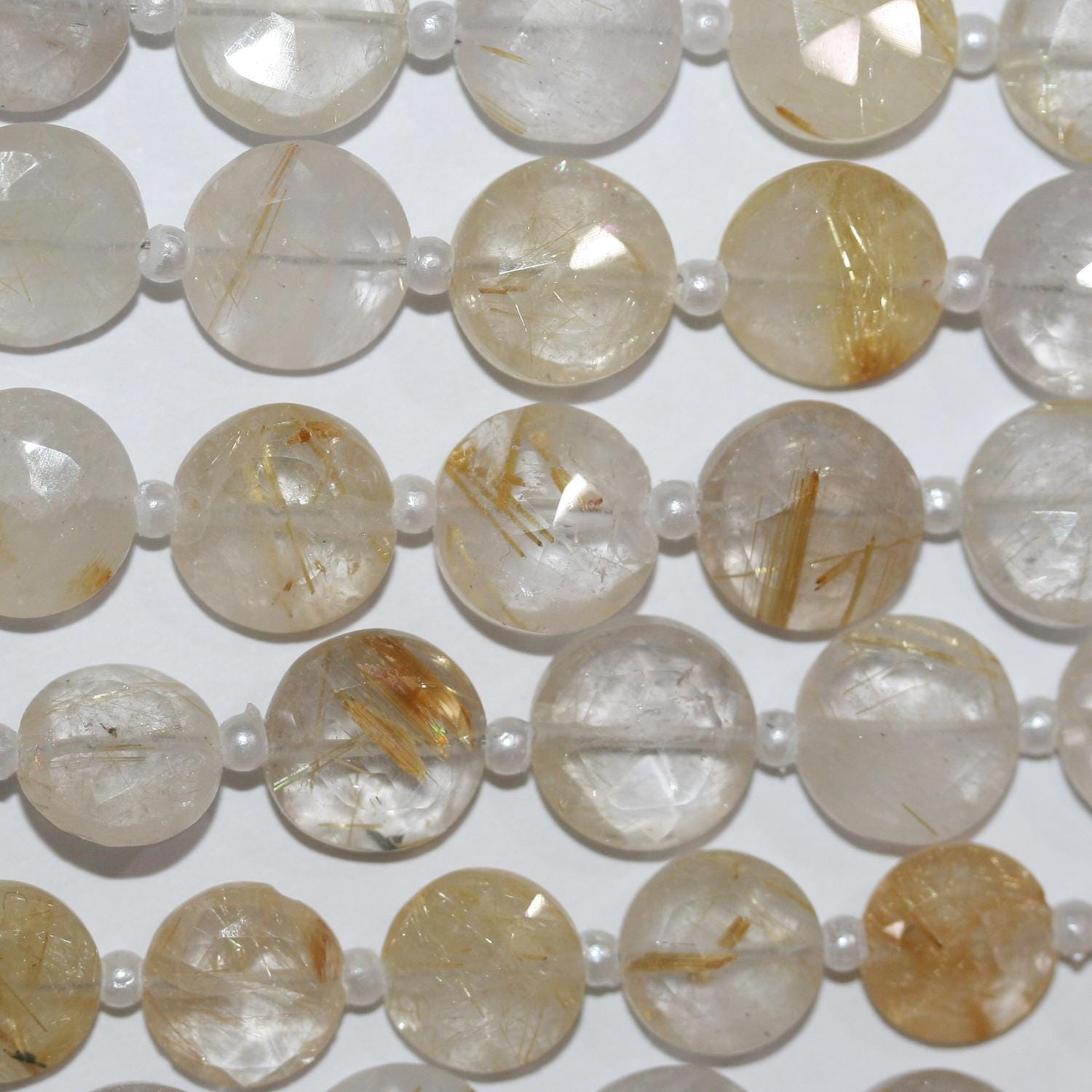 Perles de quartz rutile facettées de 8 pouces, 9-10 mm - Fil de 20 cm.