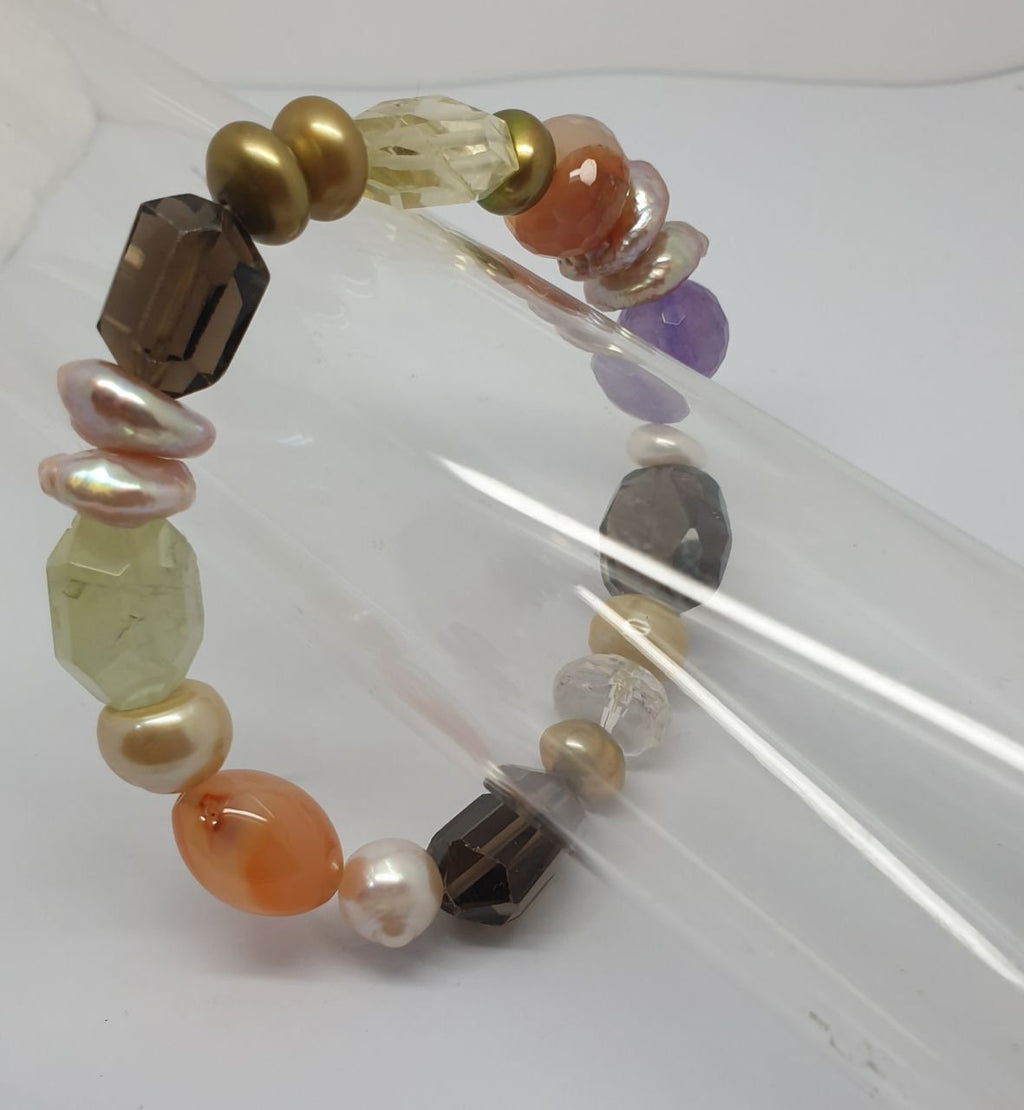 Pulsera elástica de piedras preciosas (16 x 12 mm) - Proveedor de joyas con piedras preciosas - Poder curativo - Amatista, prehnita, cuarzo ahumado y perlas de cristal