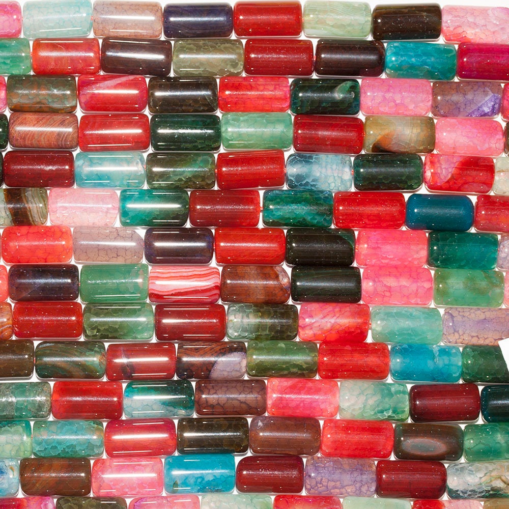 Perles tubulaires lisses en agate multicolore de 15 pouces (15 x 8 mm). Longueur du fil : 39 cm.