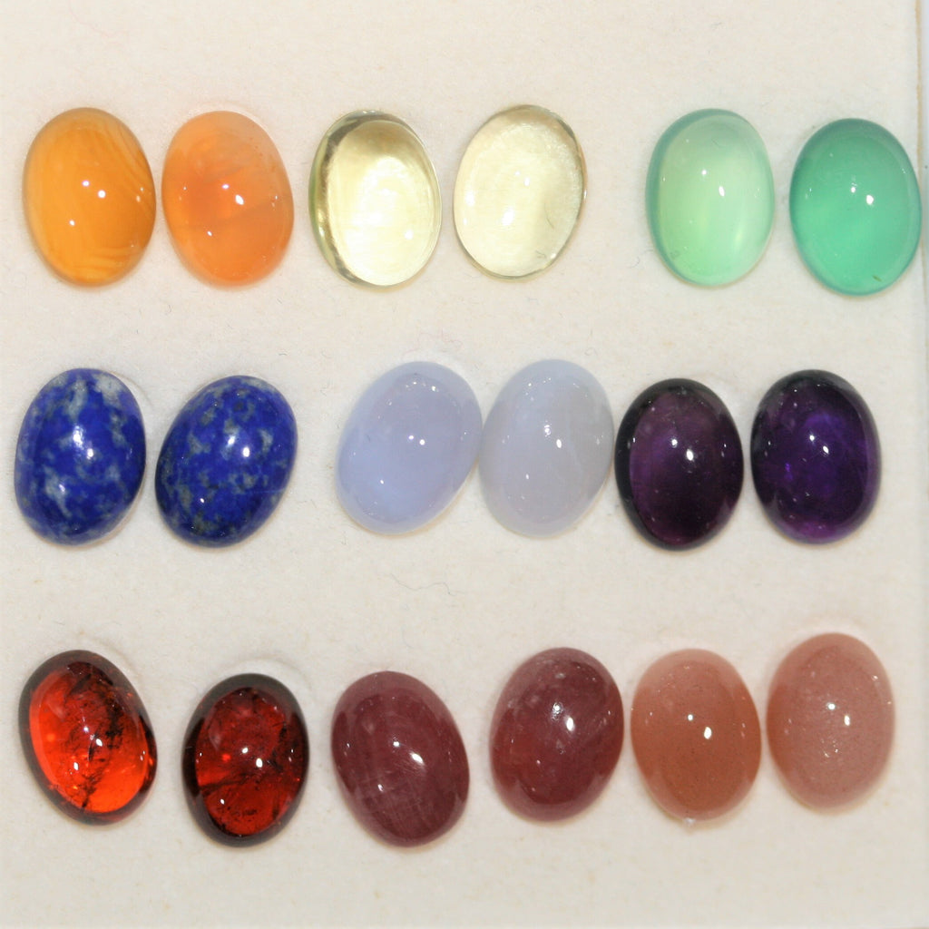 Lot Of 9 Pairs Of Various Stones Smooth Oval Cabochon 10x7mm. - 18 Pieces