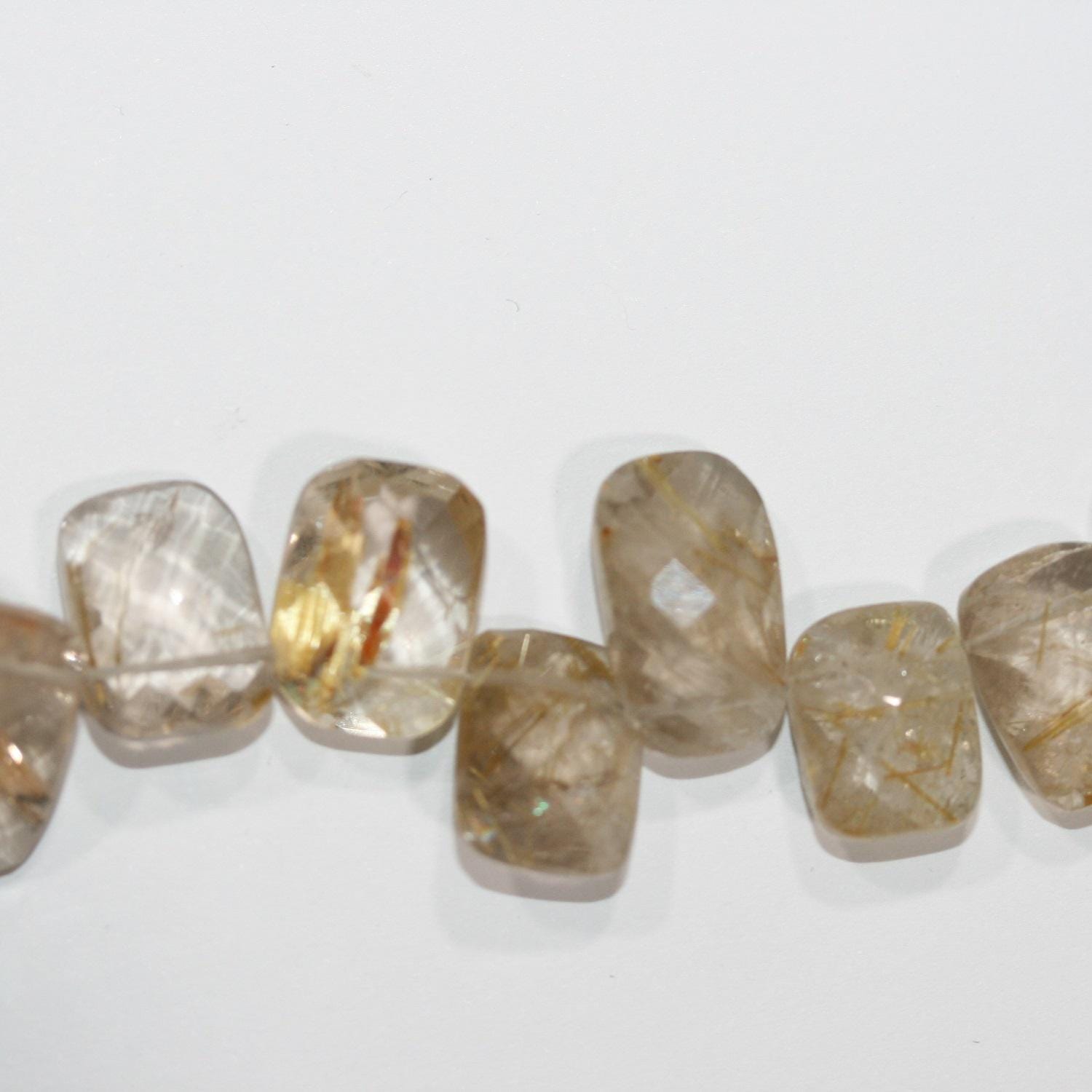 Perles rectangulaires à facettes en quartz rutile de 20 cm (8 pouces), 10 x 8 mm environ. Longueur du fil : 20 cm environ.