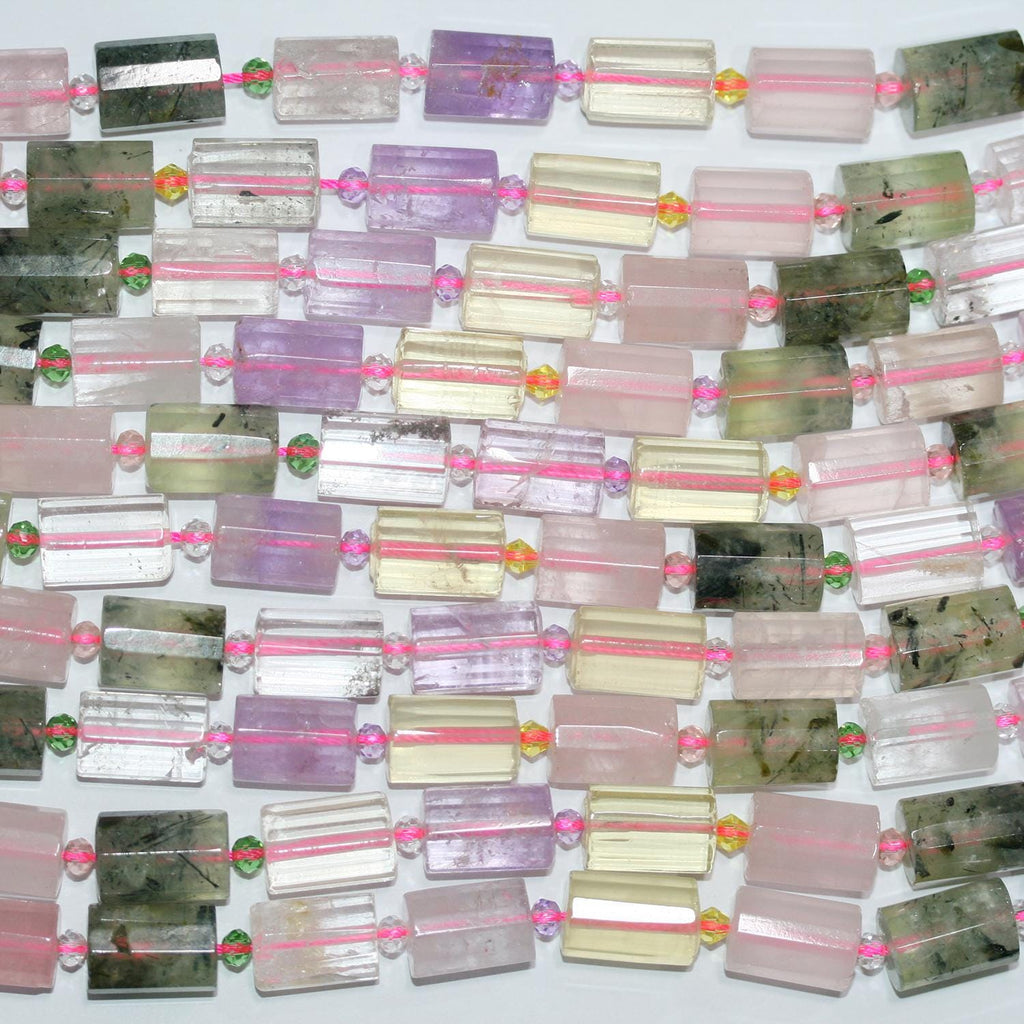 15" St Mix Quartz Facetté Tube Beads 15x10mm.-String 40cm.-Améthyste, Citrine, Quartz Rose, Cristal de Roche et Préhnite.