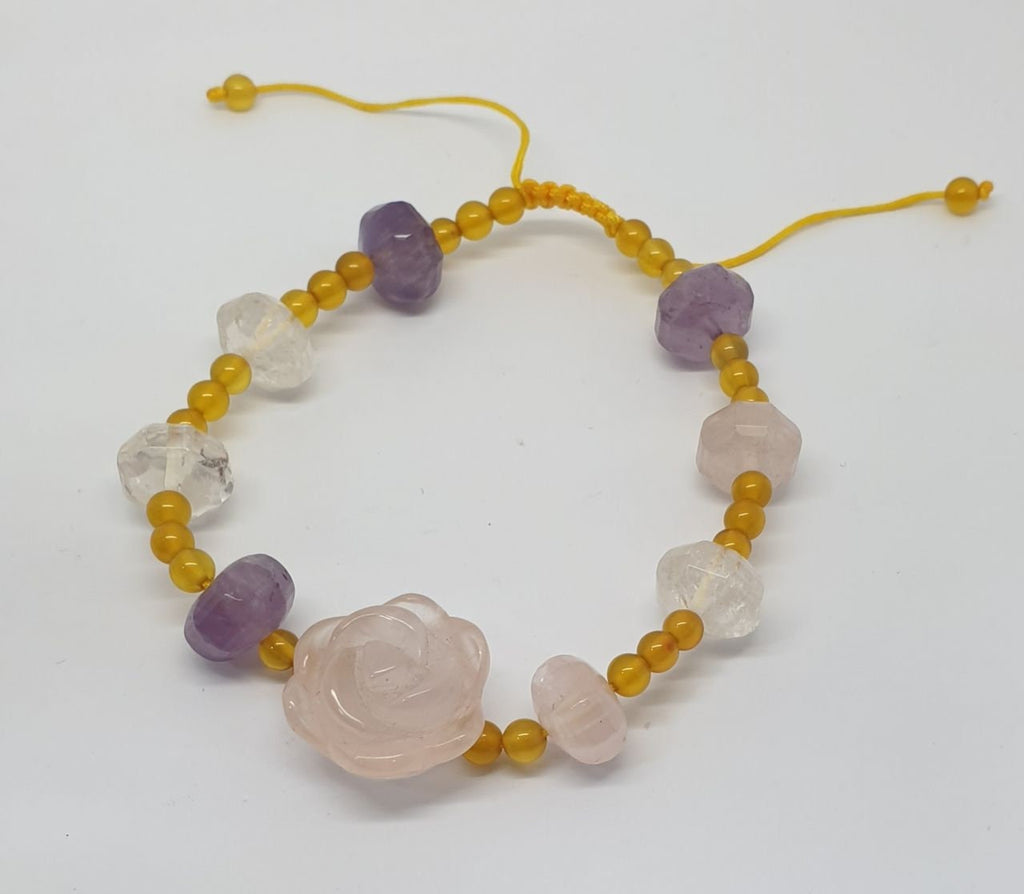 Pulsera de macramé con piedras preciosas rosas talladas - Proveedor de joyas con piedras preciosas - Poder curativo - Amatista, cuarzo rosa, cristal de cuarzo, ágata amarilla