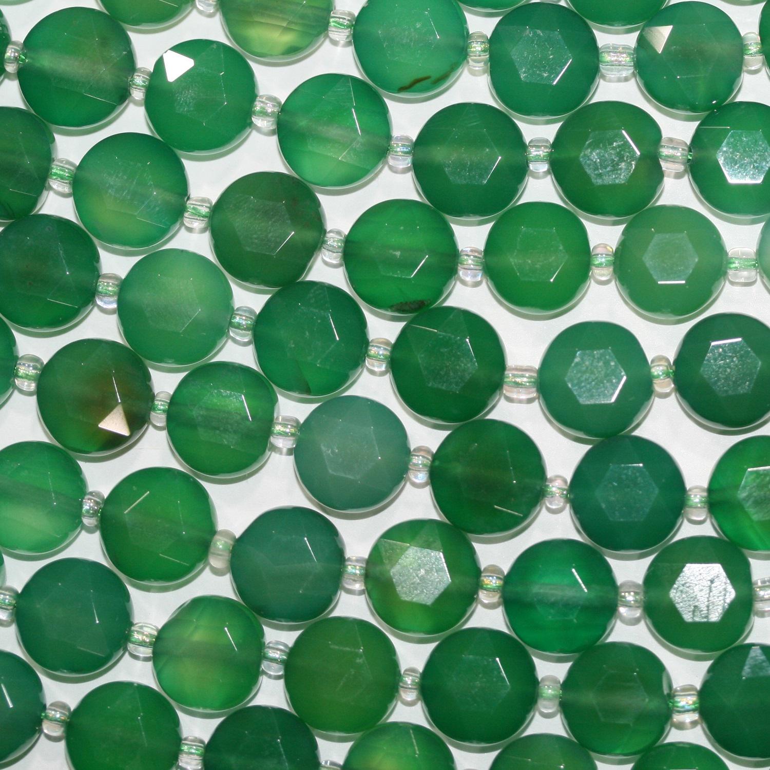 13" St Green Agate Faceted Coin Beads 10mm.-Strand 37cm