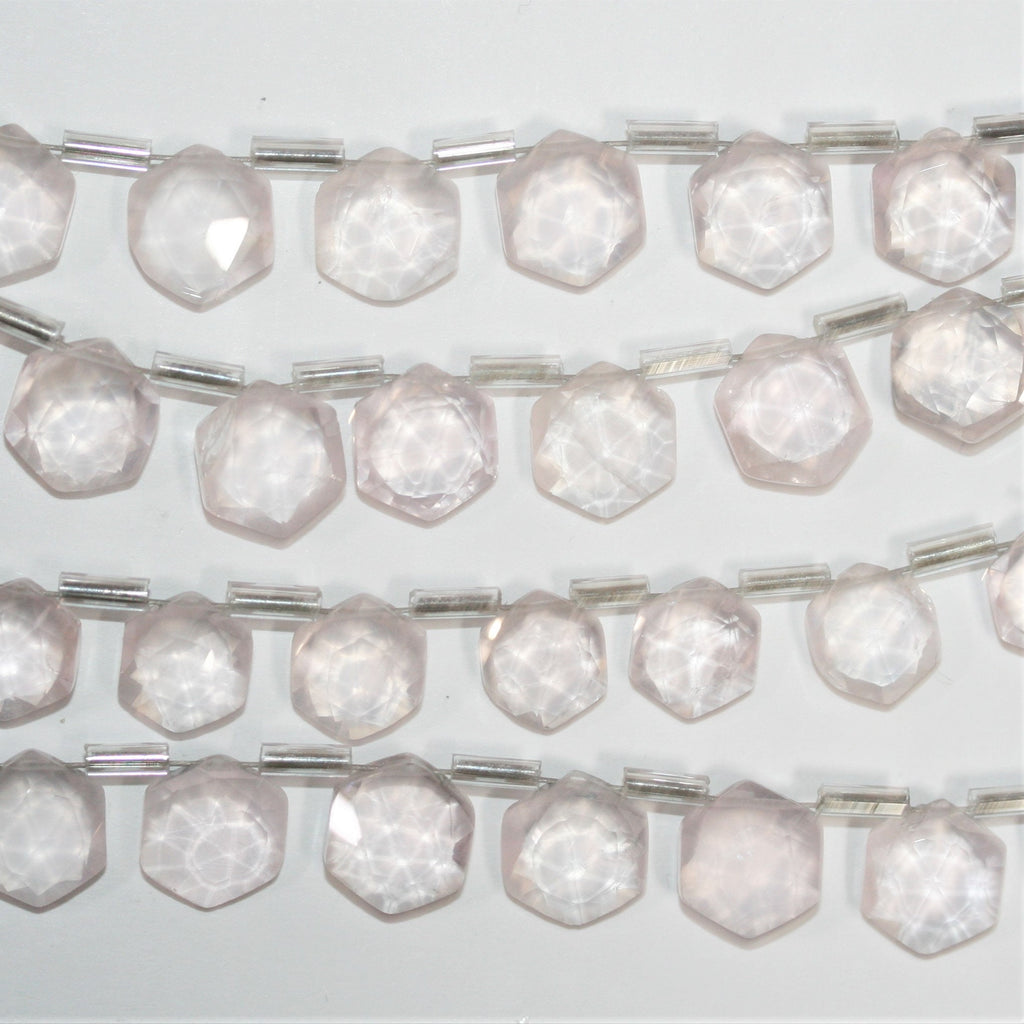 Cuentas hexagonales facetadas de cuarzo rosa de 6" de 9 a 10 mm - Hilo de 15 cm.