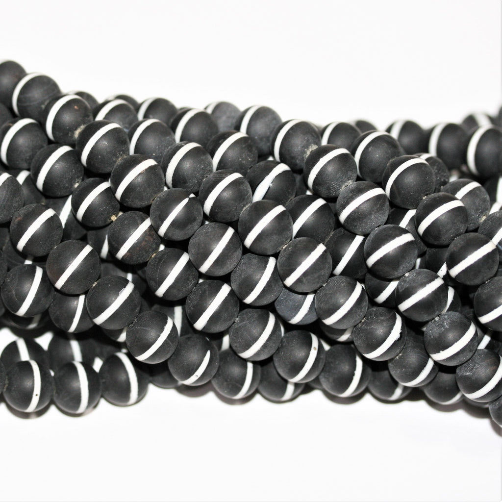 14" St Onyx Finition mate Ronde avec perles à rayures blanches 10 mm.-Rang 37 cm.