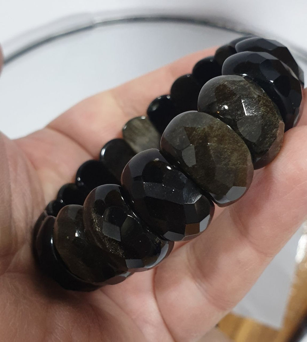 Bracelet extensible en obsidienne dorée à facettes, perles à facettes 20 x 12 mm - Fournisseur de bijoux à double perçage - Pouvoir de guérison