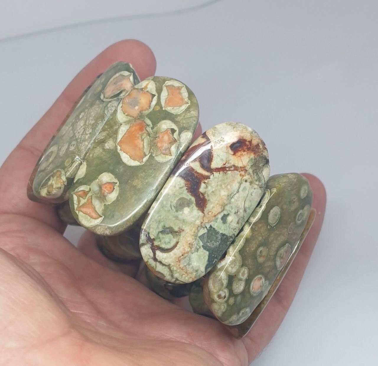 Bracelet extensible en jaspe rhyolite (grosses perles de 40 x 20 mm) - Perles à double perçage - Fournisseur de bijoux - Pouvoir de guérison - Pierres précieuses naturelles