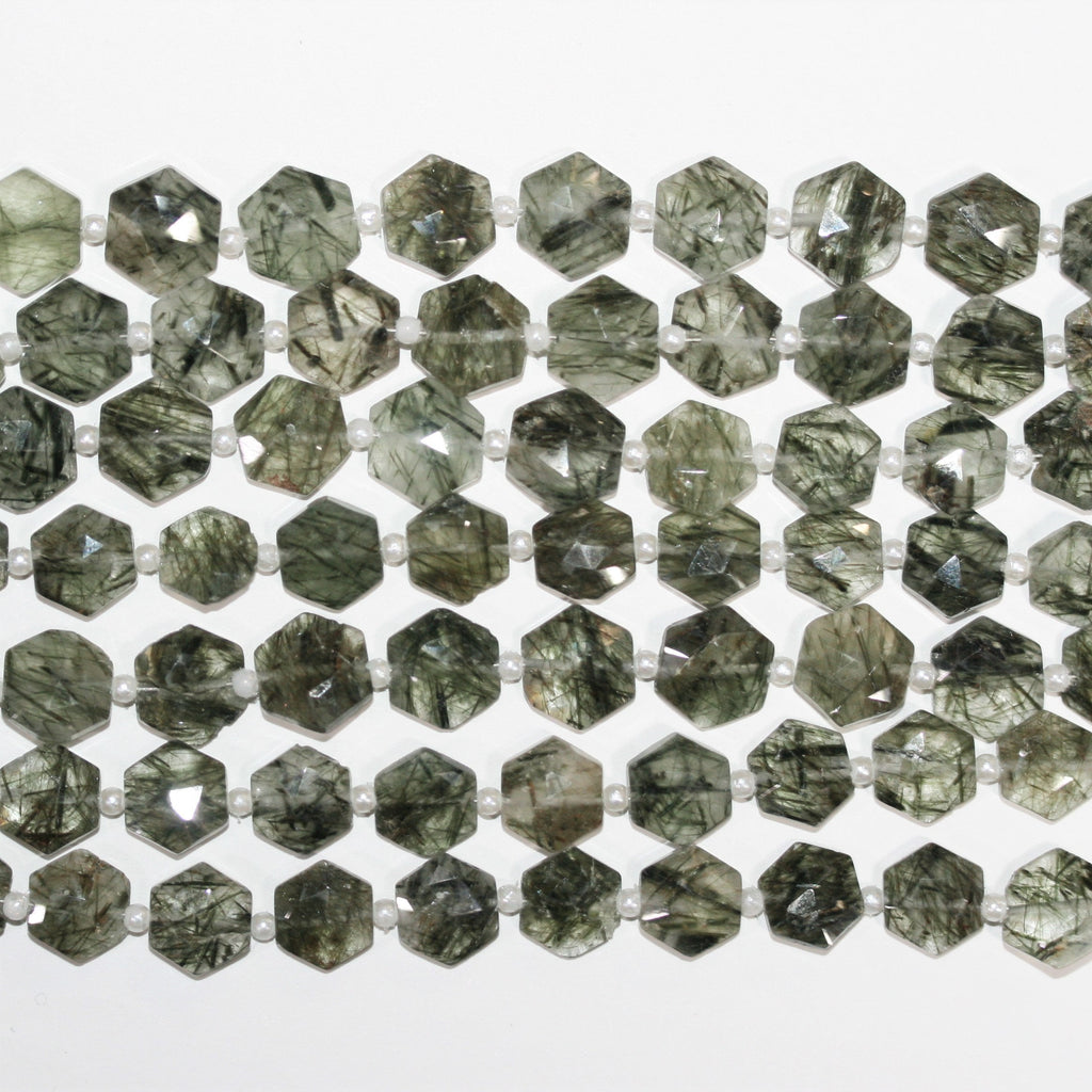 Perles hexagonales à facettes en quartz tourmaliné St de 8 pouces, 9-10 mm - Fil de 20 cm.