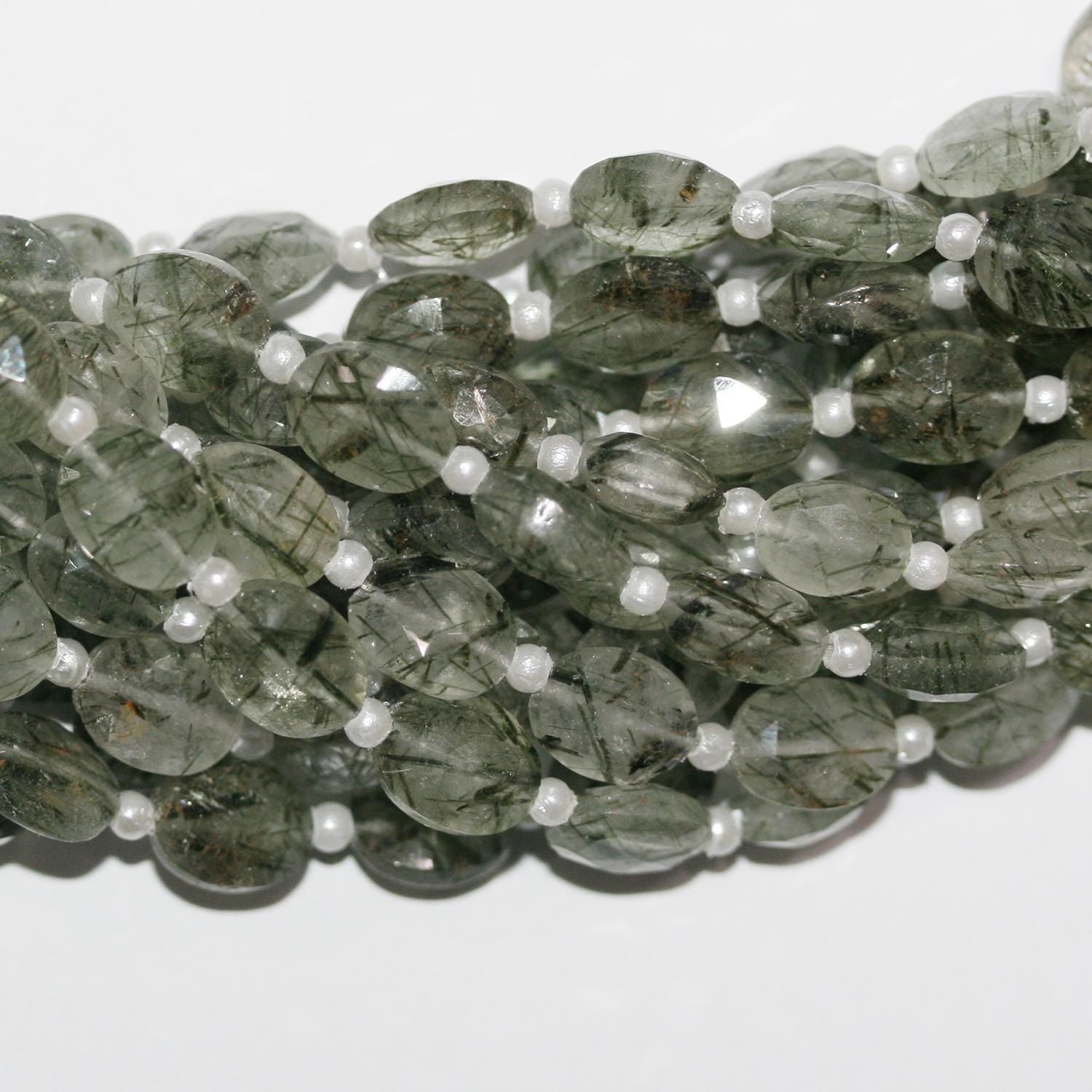 Perles ovales à facettes en quartz rutile vert St 8" 9x7mm.-Rig 20cm.
