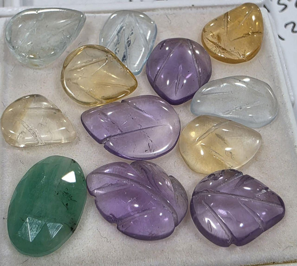 Multi Stone Carved Leaf Cabochon 12 Pcs Lot 9-11mm. - Amethyst, Citrine, Aquamarine, Emerald Cab
