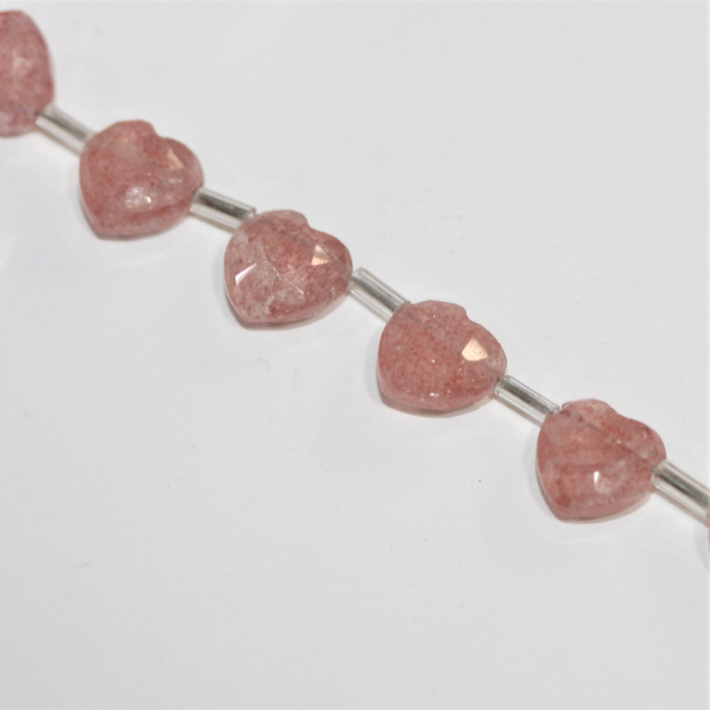 Cuentas de corazón facetadas de cuarzo cereza de 7", 9-10 mm, hilo de 17 cm.