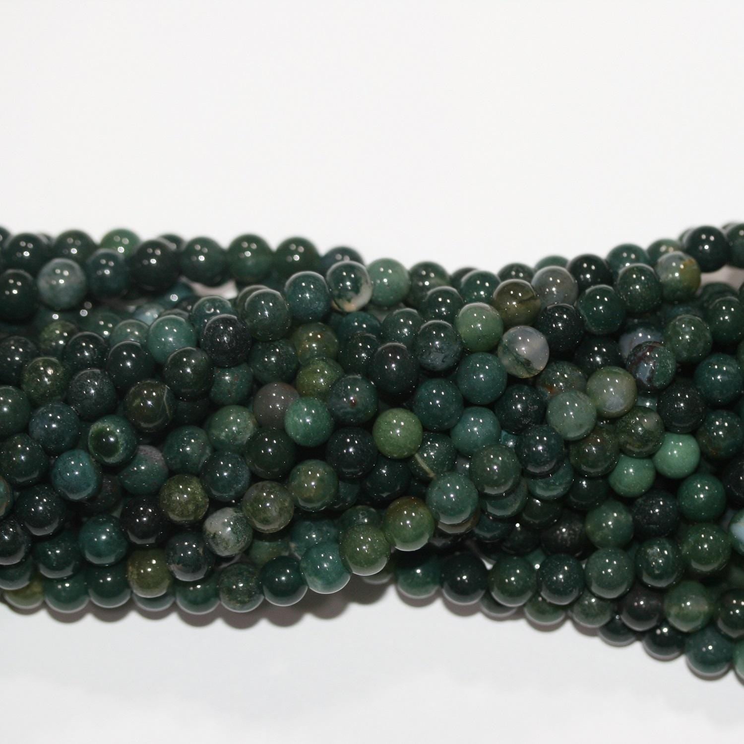 14" St Moss Agate Smooth Round Beads 6-6.5mm.-Strand 38cm.