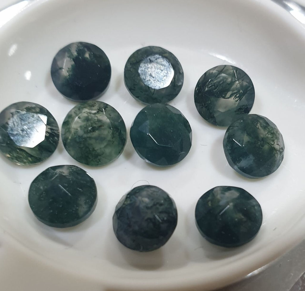 10 Pcs Lot  Moss Agate  6mm Faceted Round Pointed Back  . Natural Stone-Untreated Stone
