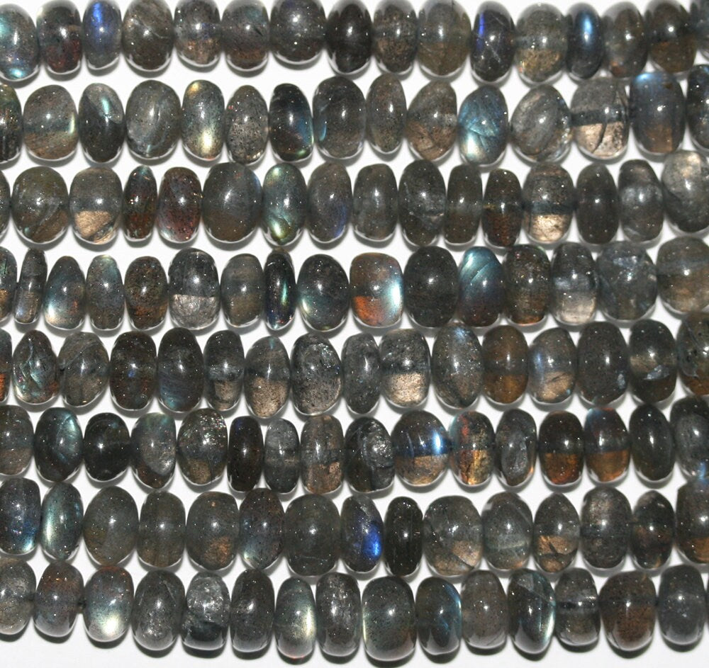 Cuentas redondas lisas de labradorita de 17,5" con degradado, de 5 x 3 a 8 x 5 mm. Longitud aproximada: tira de 45 cm.