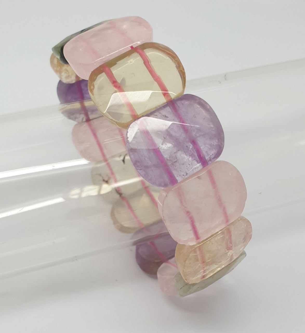 Bracelet extensible multi-chakras, perles à facettes 20 x 15 mm - Perles doublement percées - Fournisseur de bijoux - Pouvoir de guérison - Améthyste rose et cristal de quartz