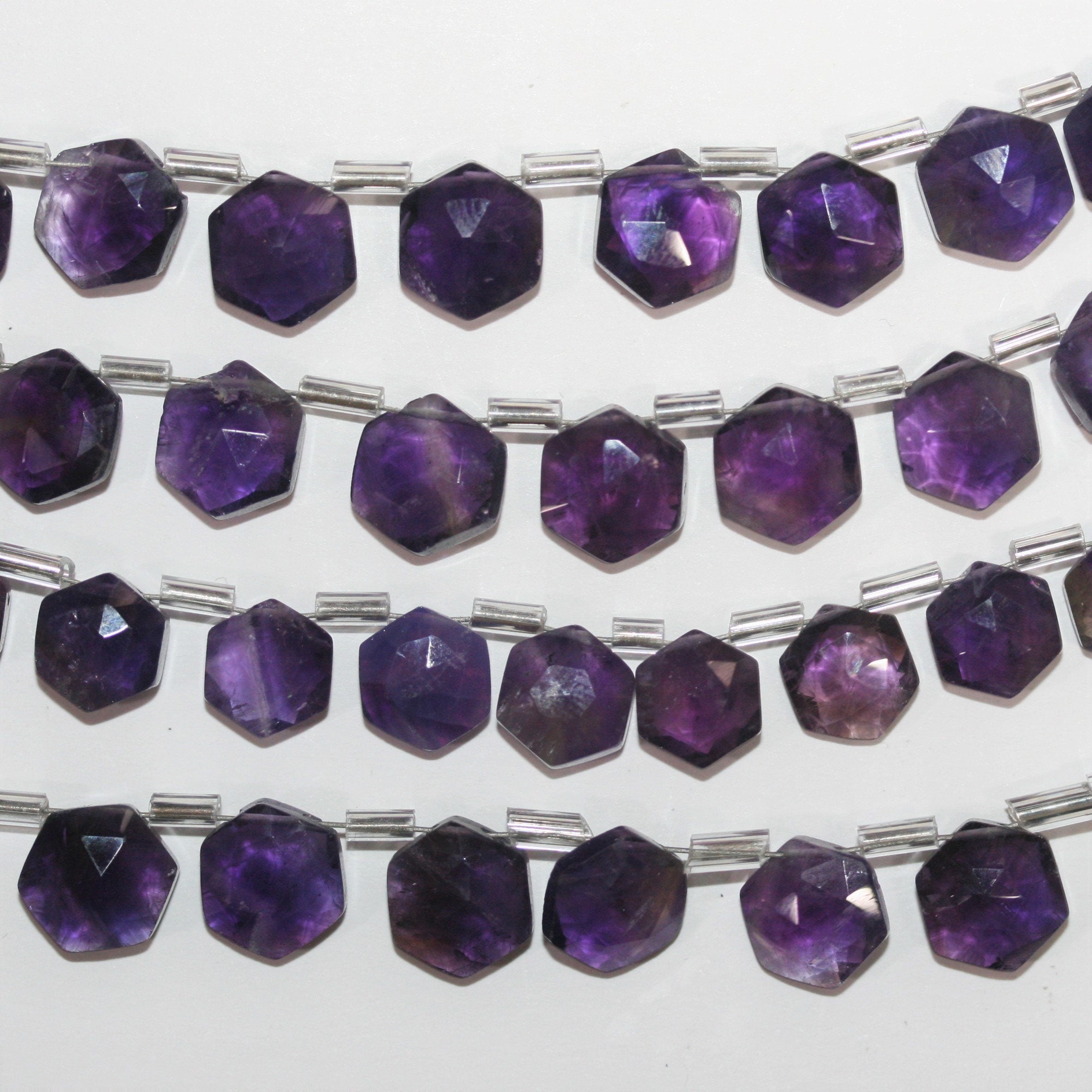 Cuentas hexagonales facetadas de amatista Santa de 5", 9-10 mm, tira de 14 cm.