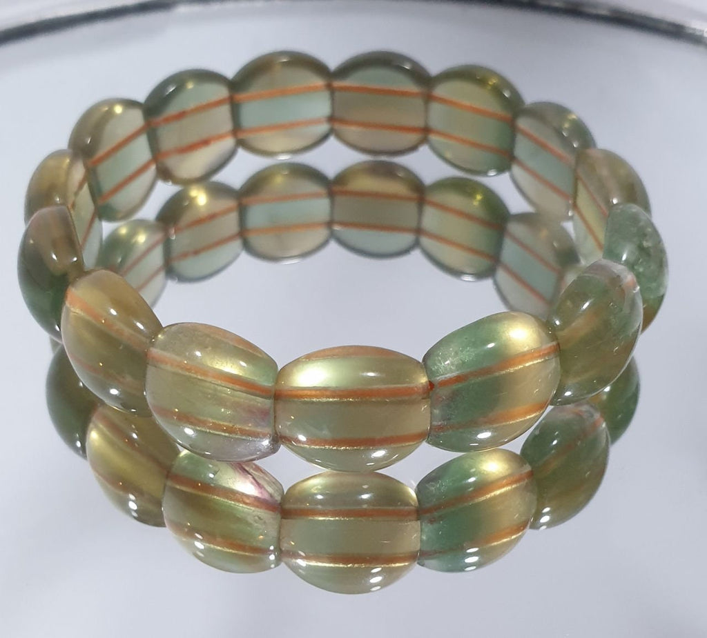 Pulsera elástica de fluorita verde y amarilla con cuentas de 14 x 13 mm. Joyas con cuentas de doble perforación. Poder curativo. Gemas naturales.