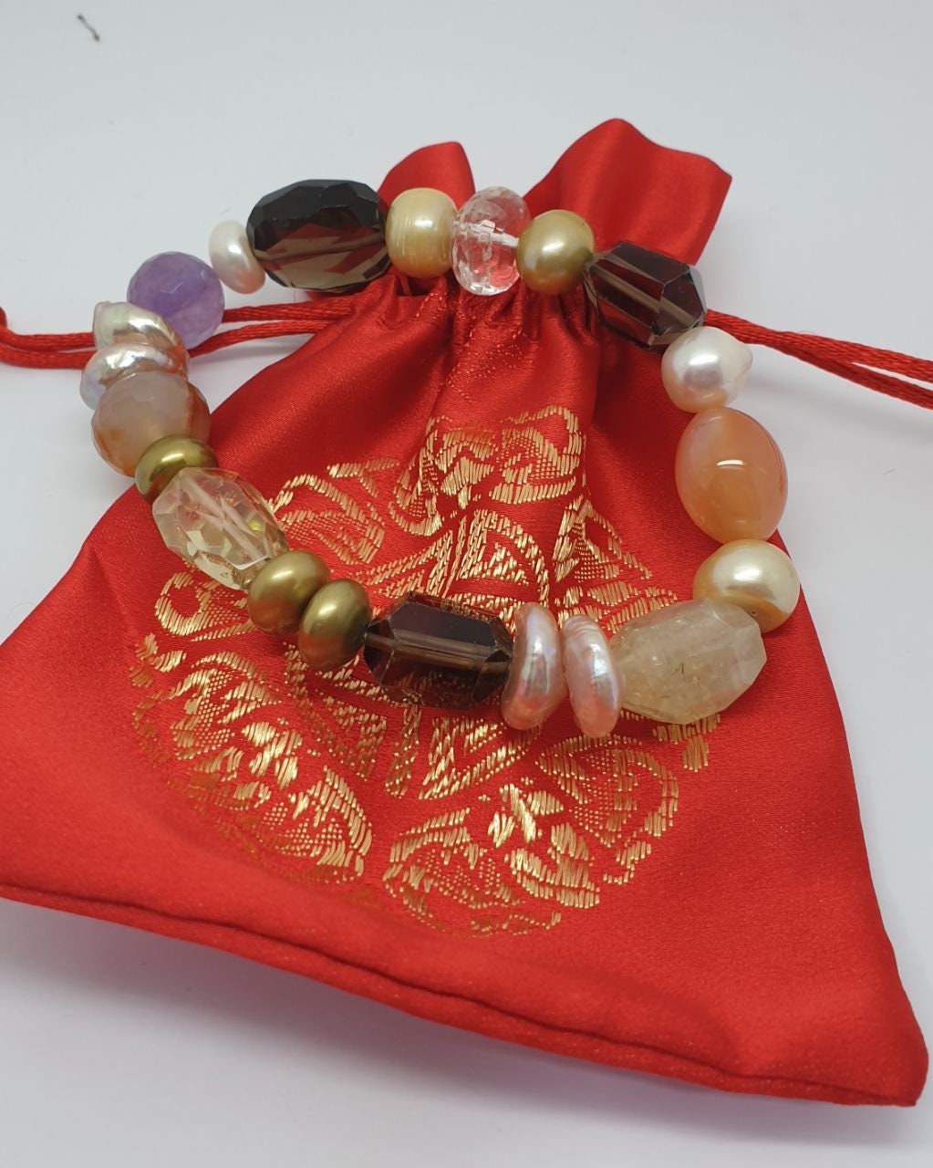 Pulsera elástica de piedras preciosas (16 x 12 mm) - Proveedor de joyas con piedras preciosas - Poder curativo - Amatista, prehnita, cuarzo ahumado y perlas de cristal