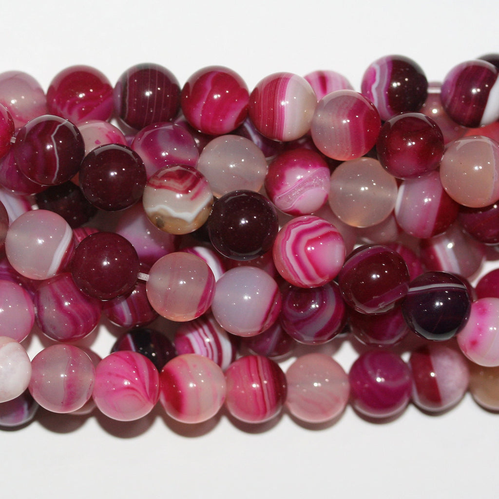 Cuentas redondas lisas de ágata fucsia rayada de 40 cm (16"), 10-11 mm (tira).