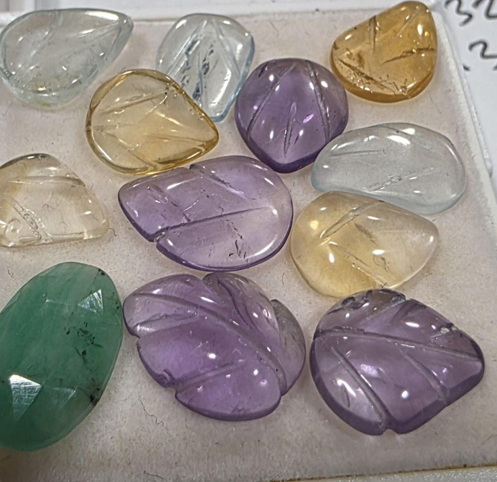 Multi Stone Carved Leaf Cabochon 12 Pcs Lot 9-11mm. - Amethyst, Citrine, Aquamarine, Emerald Cab