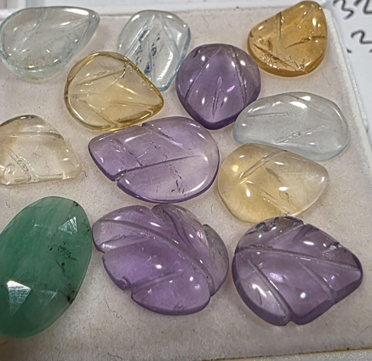 Multi Stone Carved Leaf Cabochon 12 Pcs Lot 9-11mm. - Amethyst, Citrine, Aquamarine, Emerald Cab