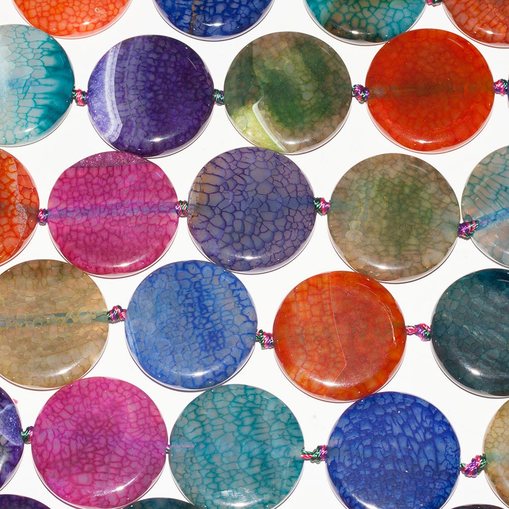 Cuentas lisas de ágata multicolor de 16" (30 mm) en forma de moneda. Tira de 40 cm.