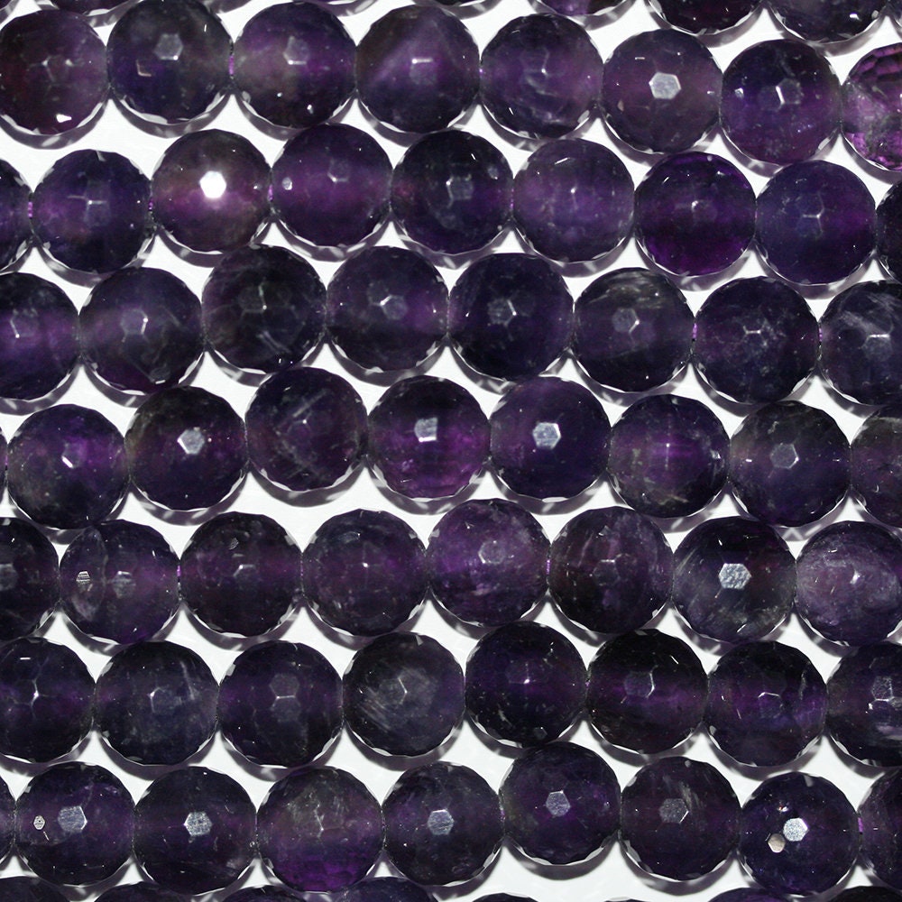 Collier de perles rondes à facettes en améthyste à gros trou (10 mm) - Trou percé de 2,50 mm - Longueur : 40 cm (15 pouces)