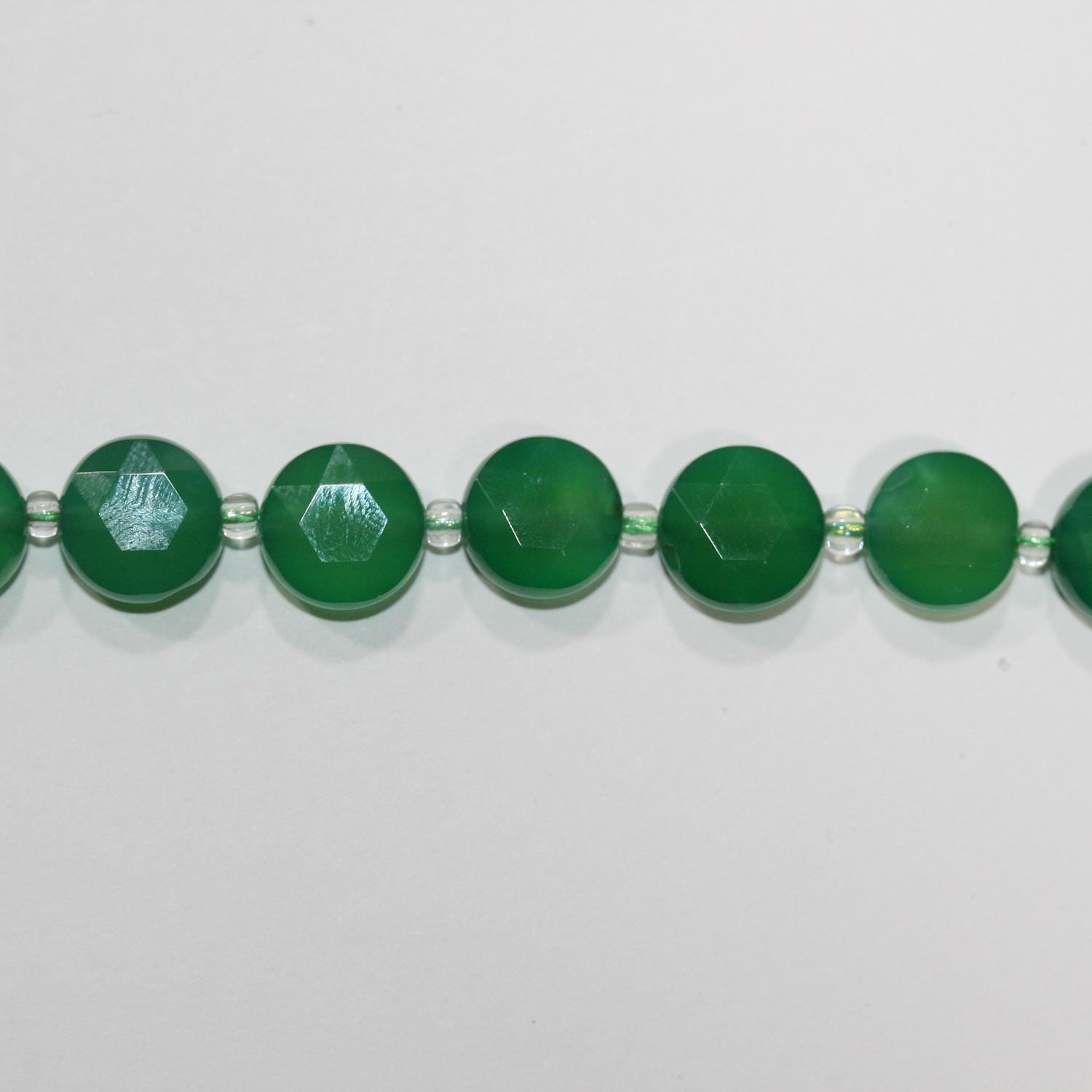 13" St Green Agate Faceted Coin Beads 10mm.-Strand 37cm
